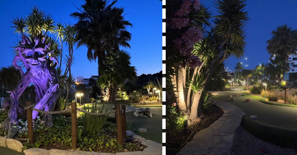night mini golf illuminated course lights Eden Alvor evening experience
